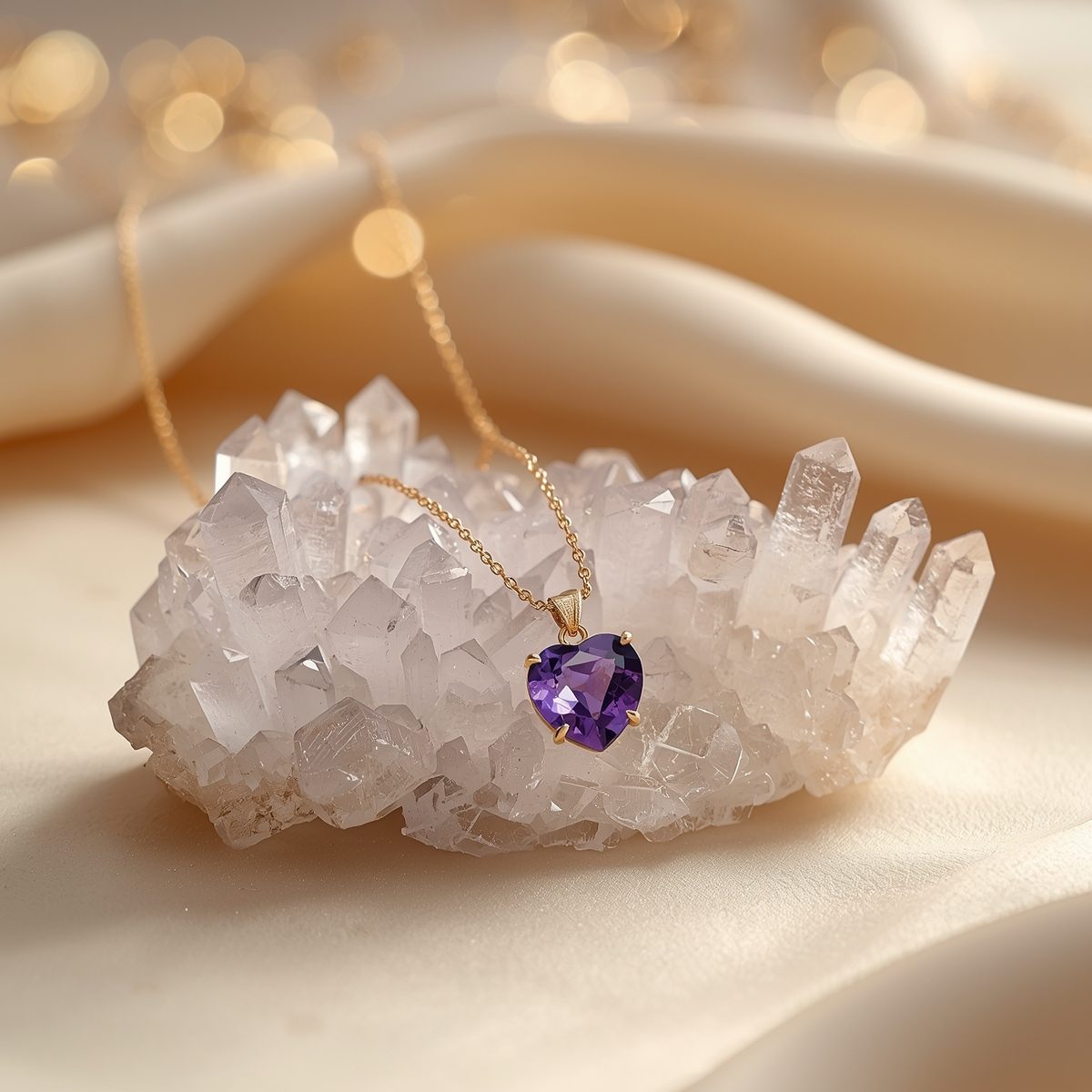 Bergkristall-Stufe auf hellem Stoff mit einem Schmuckanhänger Amethyst-Herz - Symbolbild für Edelsteine reinigen, entladen und aufladen.