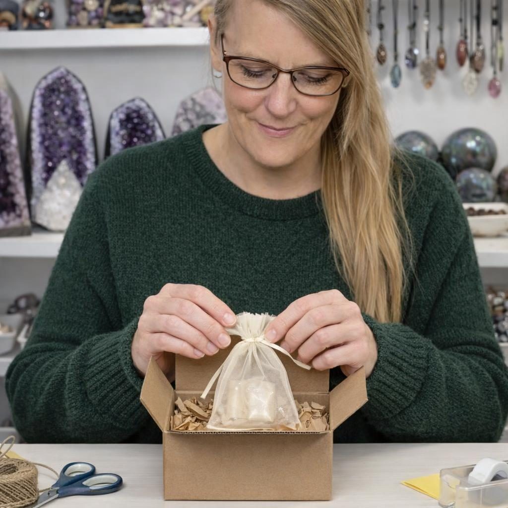 Sandra, Inhaberin von Sandras Mineralien zeigt wie sie ein Päckchen packt – als Symbolbild für die Seite "Über mich".