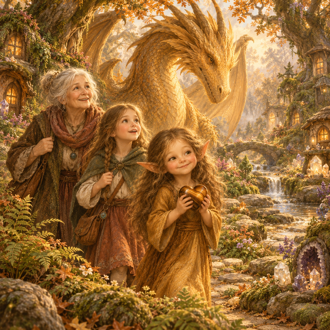 Märchenillustration: Oma Rieke, Jette und Susi mit ihrem Tigerauge-Herz begegnen dem goldenen Drachen Brann.