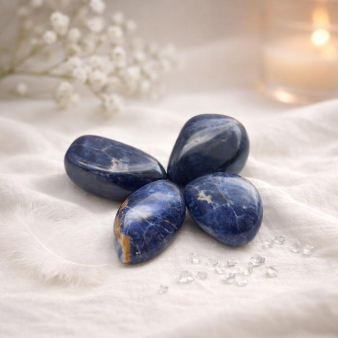 Blaue Sodalith Trommelsteine auf hellem Stoffhintergrund mit Bergkristall-Chips, Teelicht und weißen Blüten im Hintergrund.