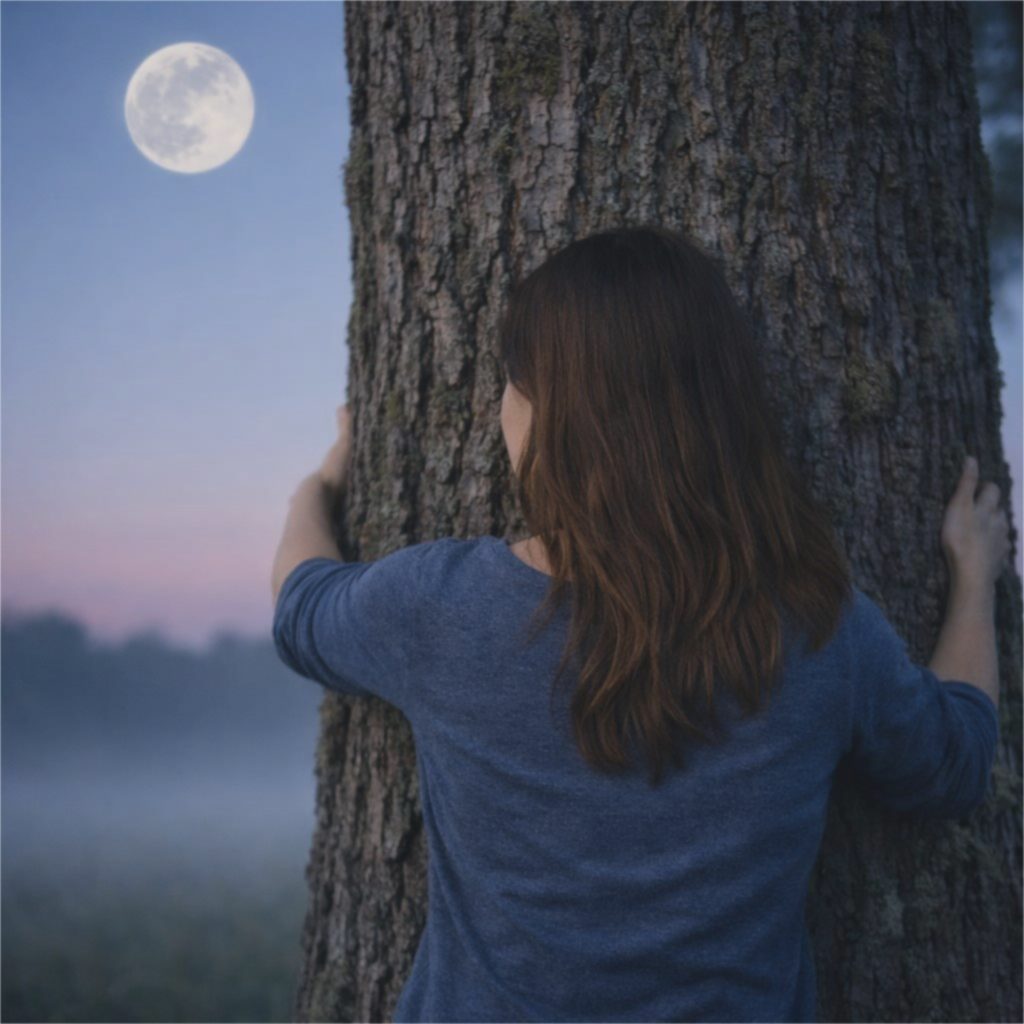 Frau umarmt einen großen Baum bei Mondschein als Symbolbild für die Portaltage im Mai 2026.