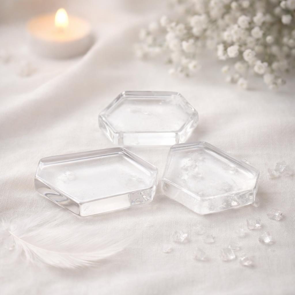 Bergkristall-Querschnitte auf hellem Stoff Hintergrund – Symbolbild für Sternzeichen Jungfrau.