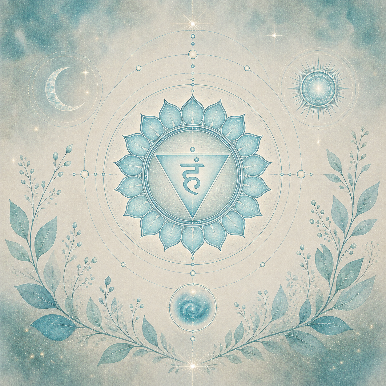 Halschakra-Symbol (Vishuddha) in Blau- und Türkistönen mit 16-blättrigem Lotus, Sanskrit-Zeichen und feinen Pflanzenmotiven