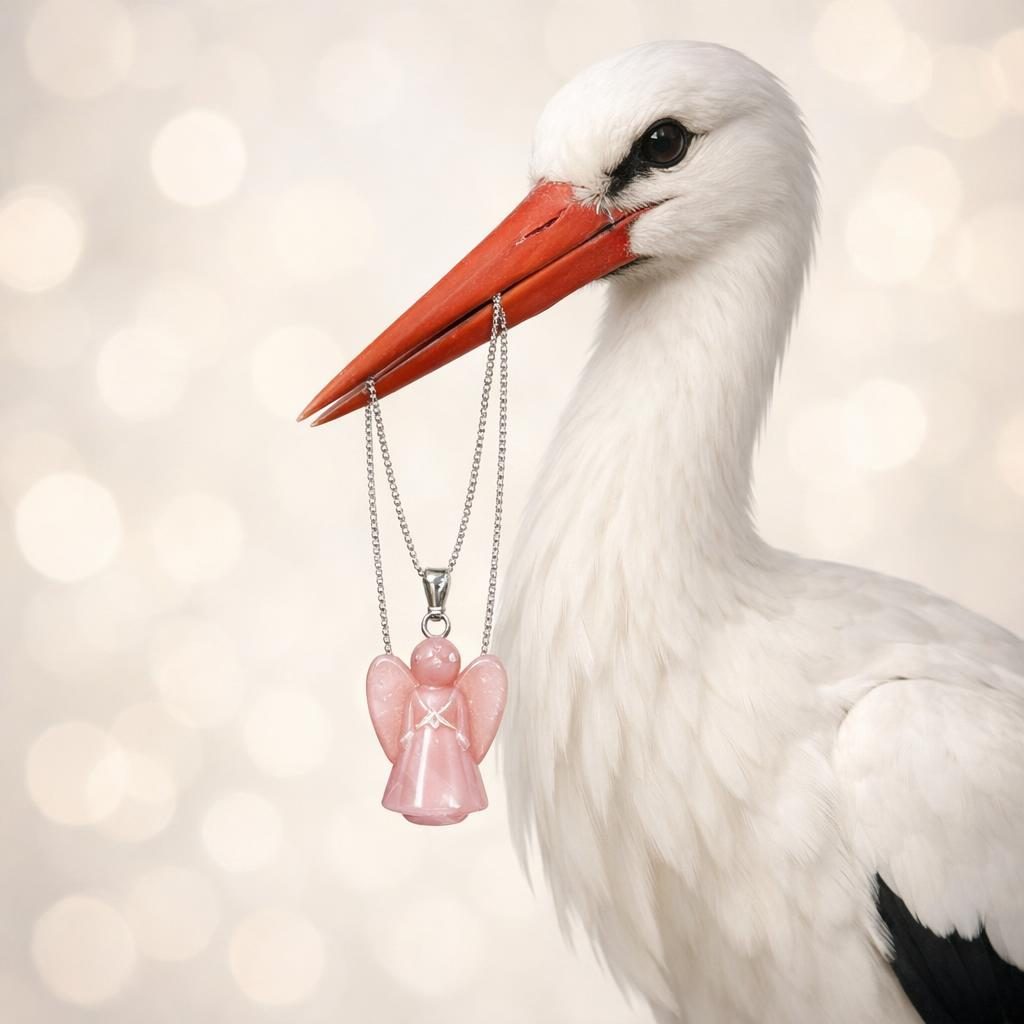 Storch trägt einen Rosenquarz-Engel mit hellem Hintergrund – Symbolbild für Geburtssteine der Sternzeichen nach Dekaden.