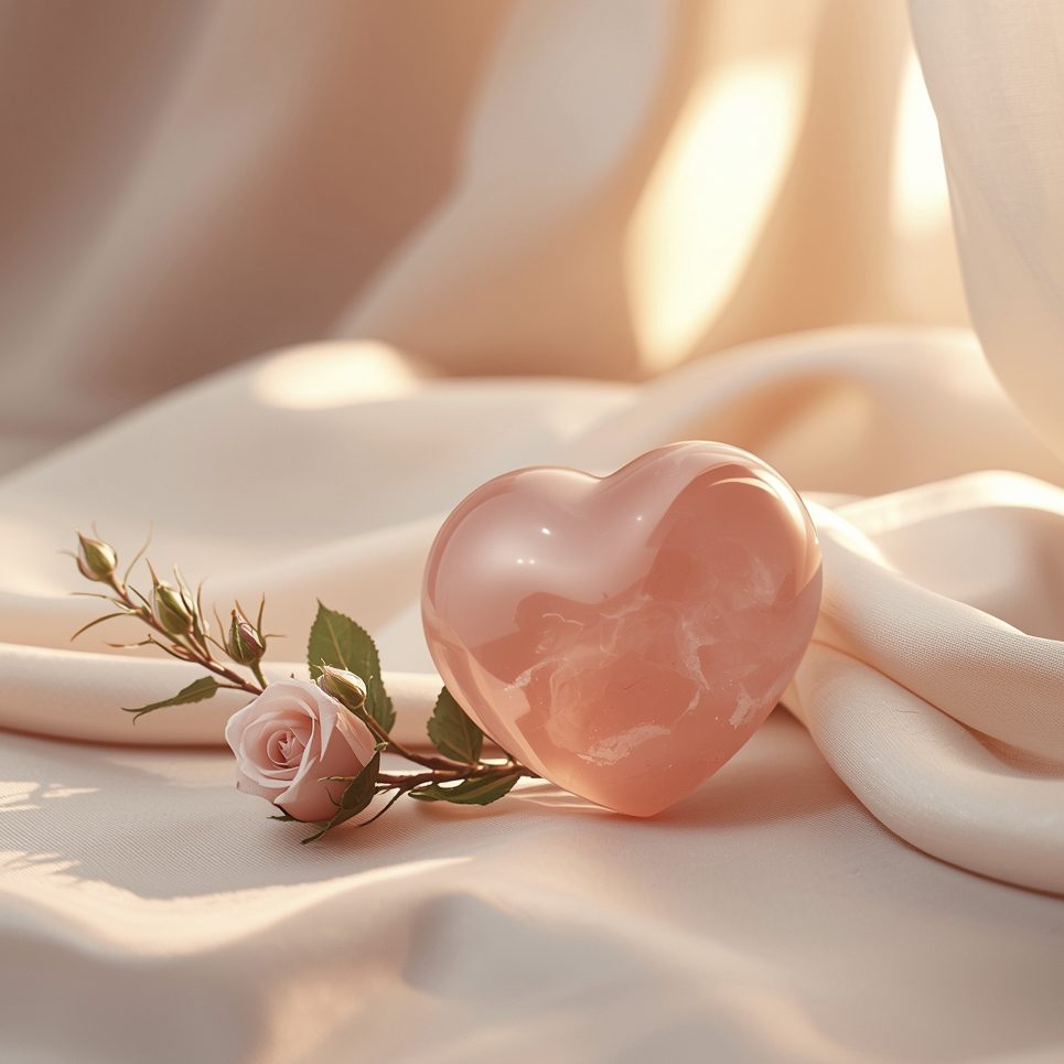 Rosenquarz Herz mit rosafarbener Rose auf hellem Stoffhintergrund – Symbolbild für Edelsteine und Aszendent Waage.