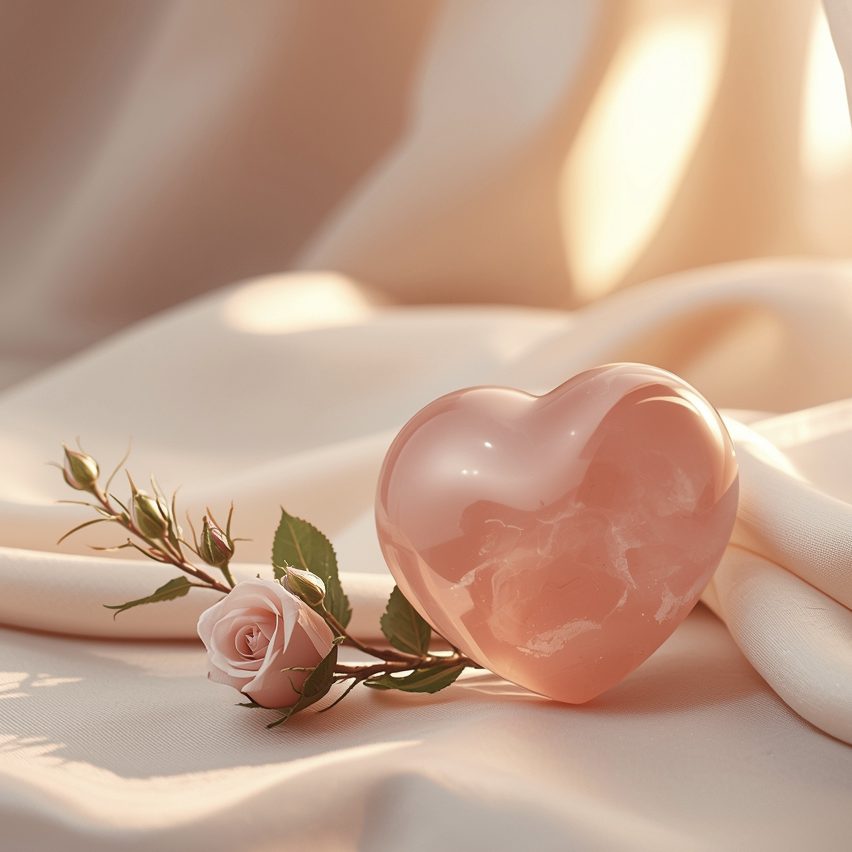 Rosenquarz Herz mit Rose auf hellem Stoffhintergrund – Symbolbild für das Herzchakra Anahata