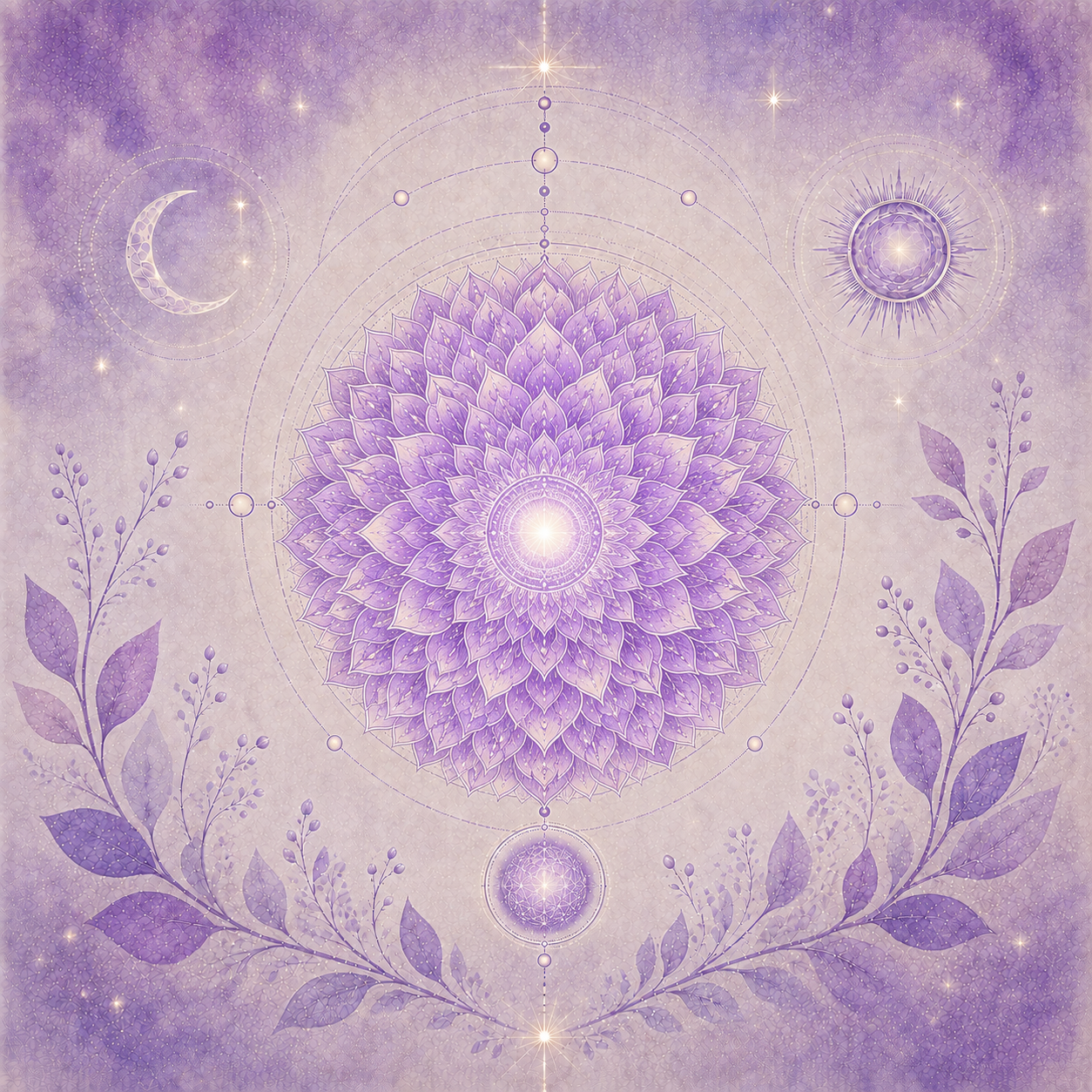 Kronenchakra-Symbol (Sahasrara) in Violett- und Lilatönen mit vielblättrigem Lotus, leuchtendem Zentrum und feiner Geometrie