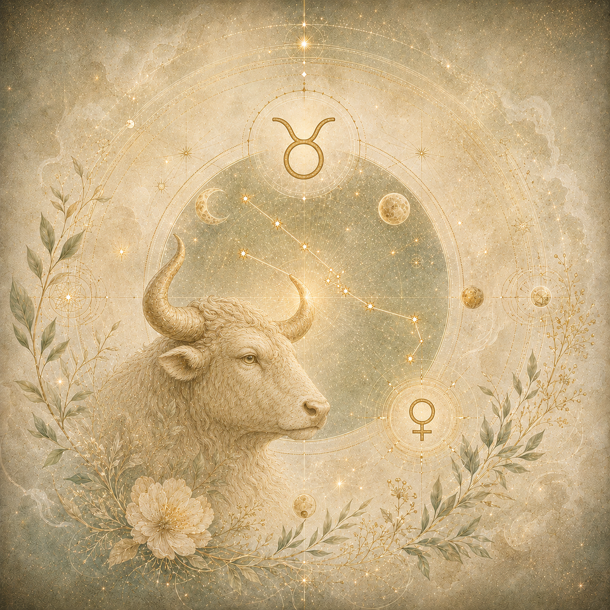 Goldfarbene Stierdarstellung mit Sternbild, Mondsymbolen und feinen Pflanzenmotiven auf einem cremefarbenen, kosmischen Hintergrund.