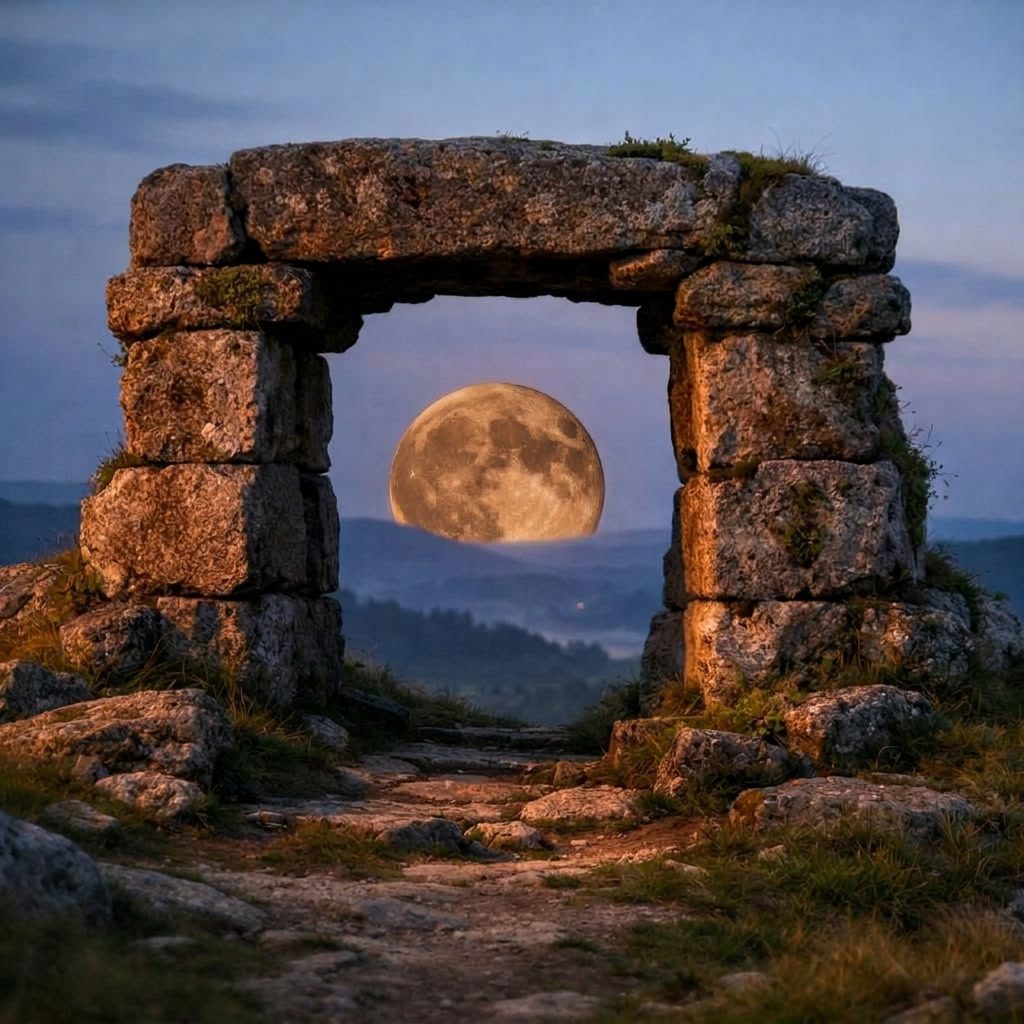 Steinportal mit erdigem Vollmond am Horizont als Symbolbild für die Portaltage im Juni 2026 und passende Edelsteine.