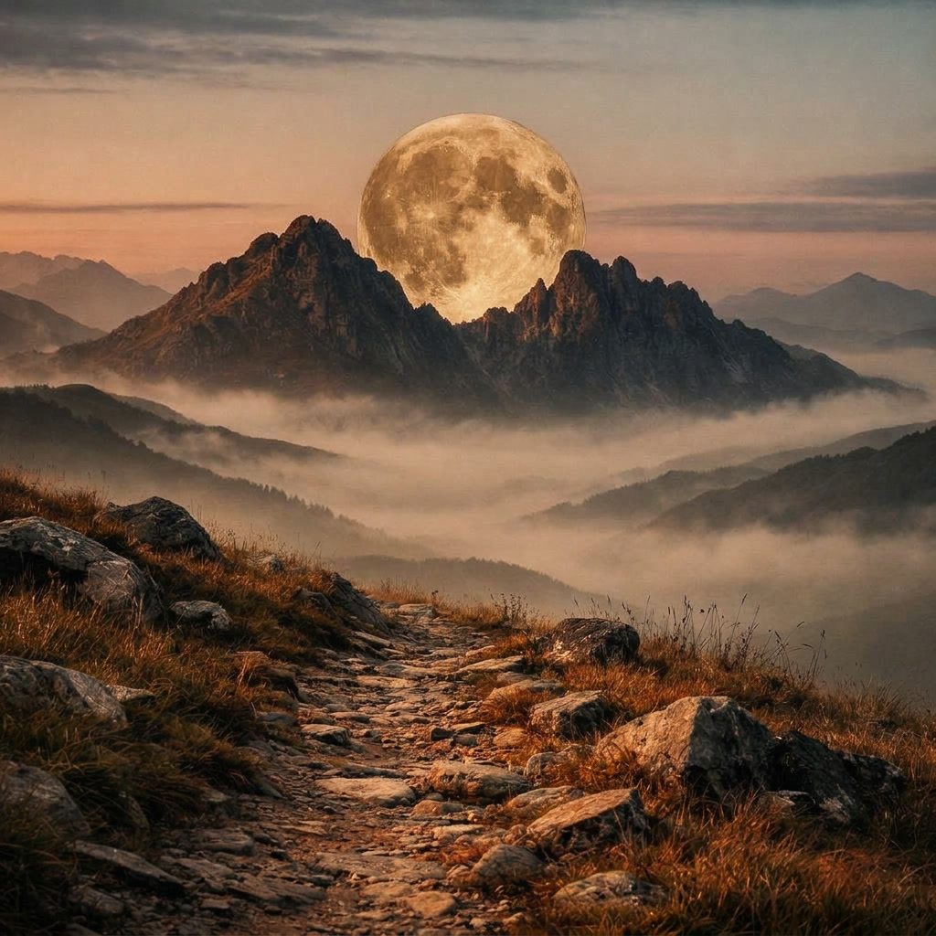 Vollmond über dem Gebirge als Symbolbild für Vollmond und Neumond im Mai 2026 und passende Edelsteine.