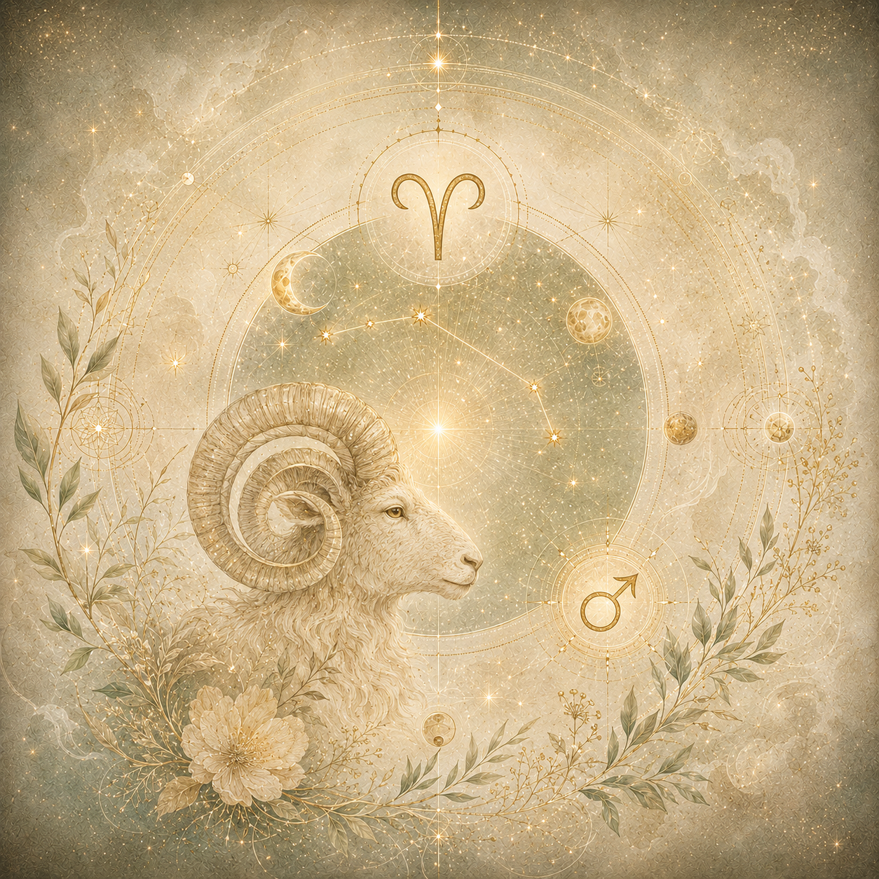 Goldfarbene Widderdarstellung mit Sternbild, Mondsymbolen und feinen Pflanzenmotiven auf einem cremefarbenen, kosmischen Hintergrund.