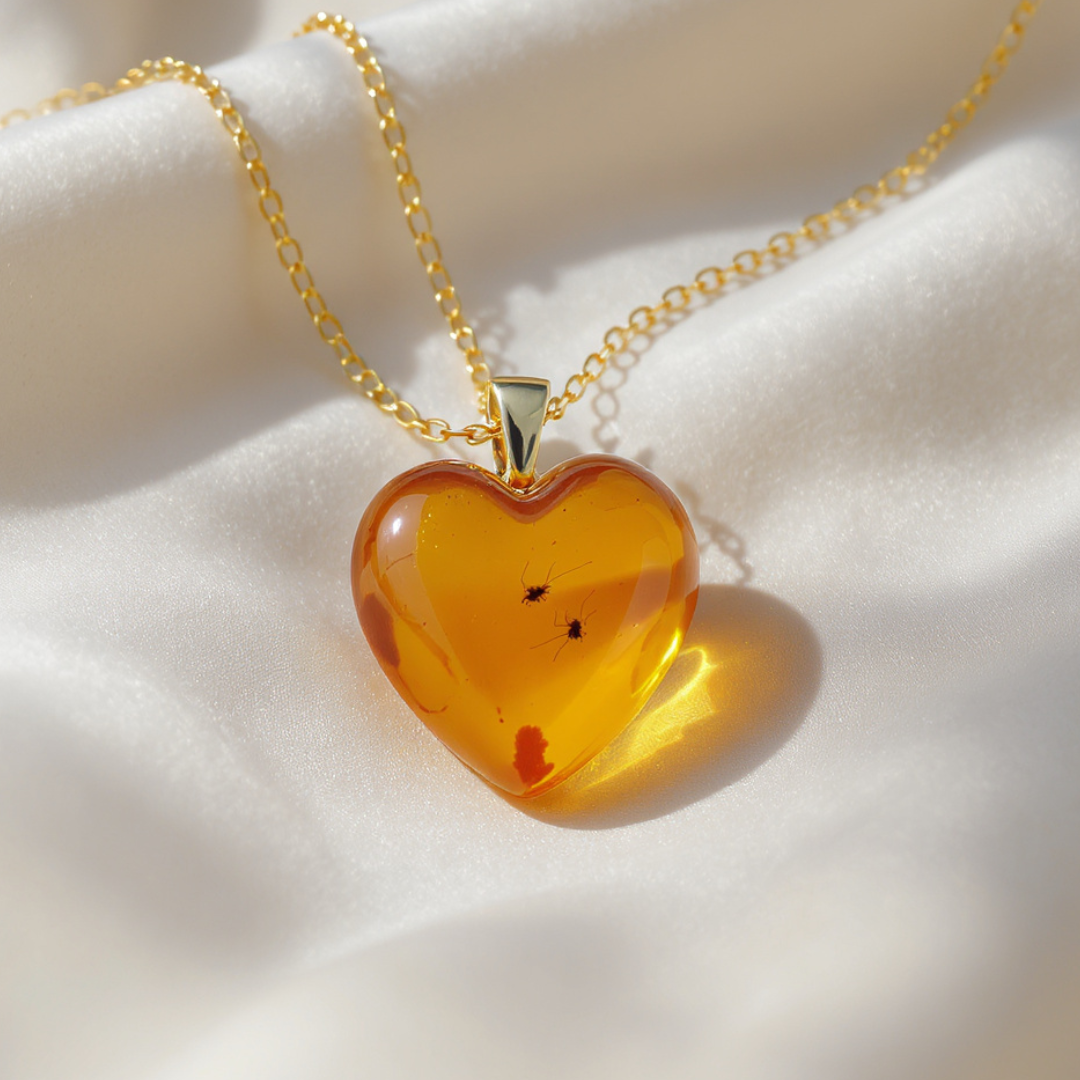 Bernstein Herz-Anhänger auf hellem Stoffhintergrund – Symbolbild für Edelsteine und Aszendent Stier.