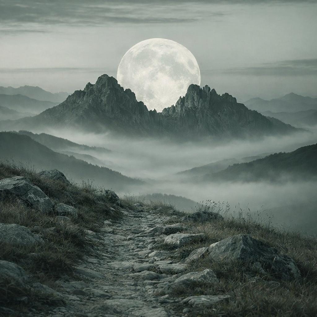 Großer Vollmond zwischen Bergen als Symbolbild für die Mondphasen im Februar 2026 und passende Edelsteine.