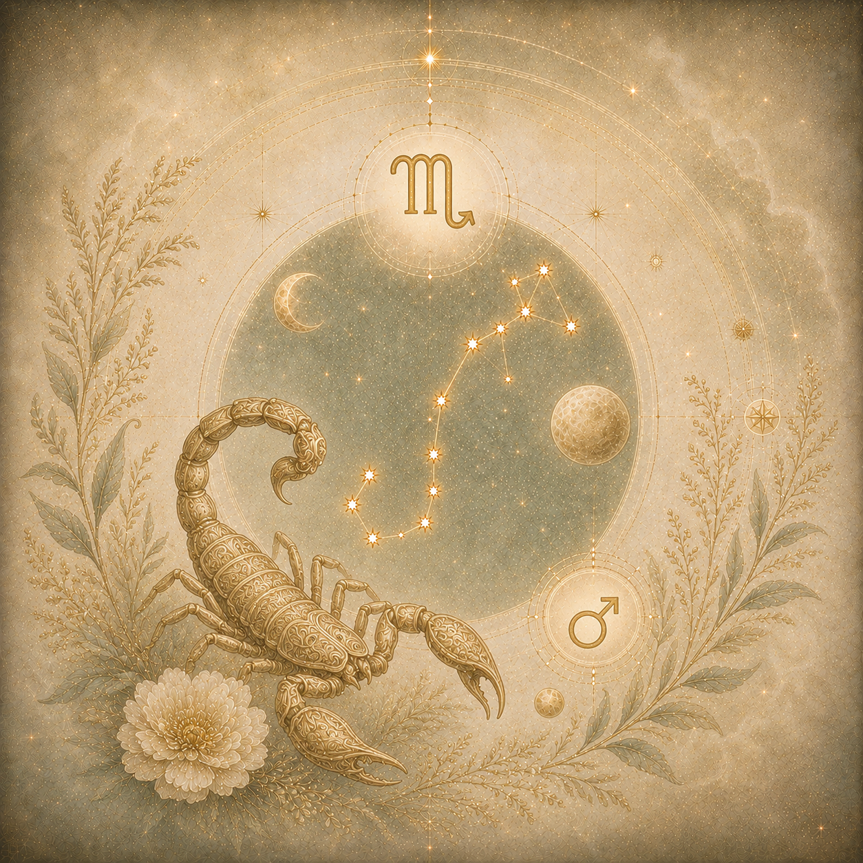 Goldfarbene Krebsdarstellung mit Sternbild, Mondsymbolen und feinen Pflanzenmotiven auf einem cremefarbenen, kosmischen Hintergrund.