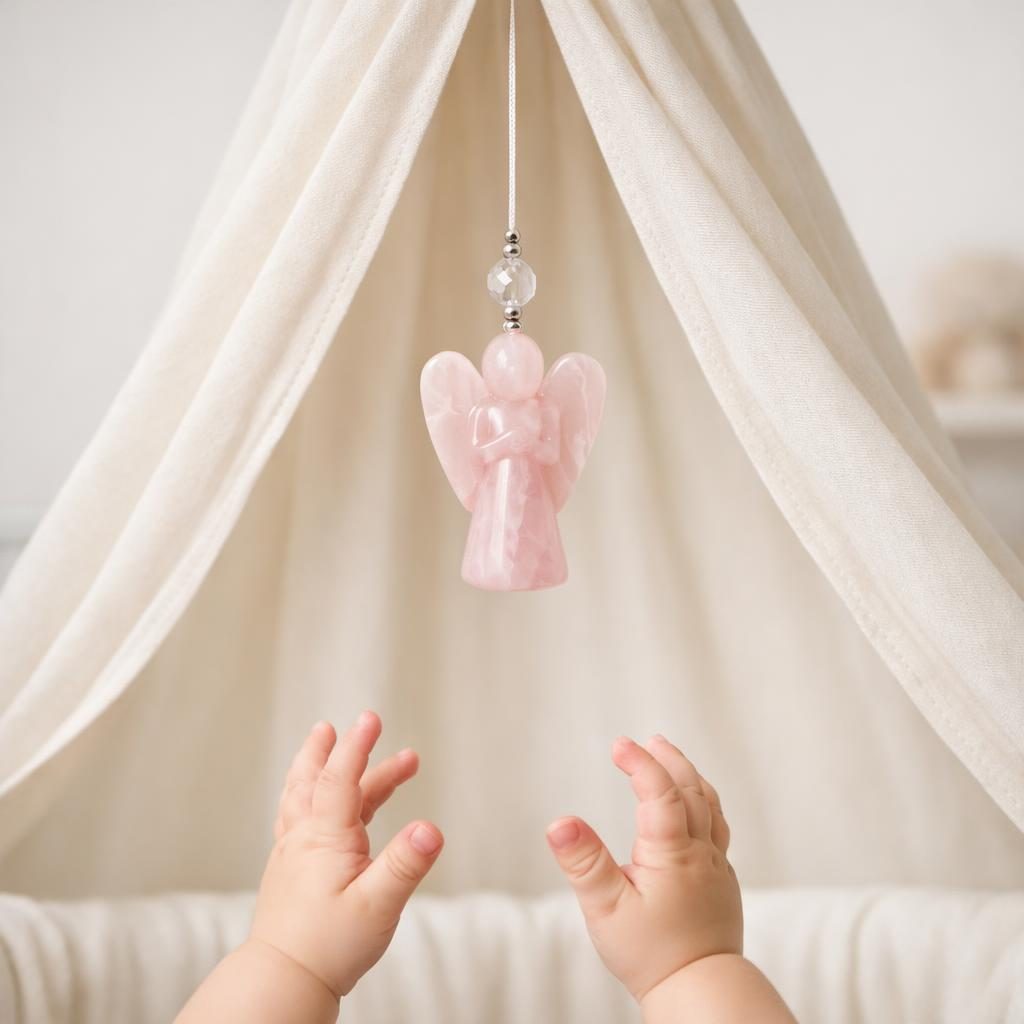 Rosenquarz-Anhänger an Babywiege hängend – Symbolbild für Sternzeichen und Geburtssteine.