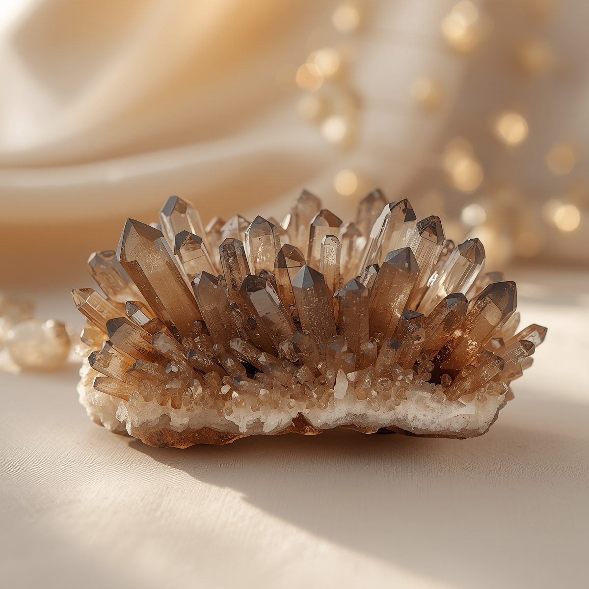 Edelsteine der Sternzeichen – Symbolbild mit Rauchquarz-Stufe auf hellem Stoffhintergrund und Licht-Bokeh.