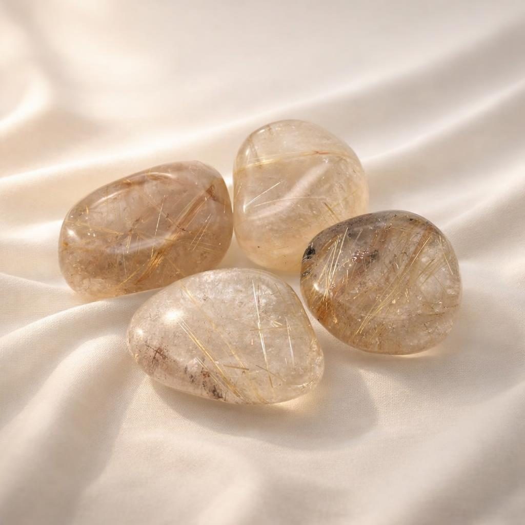 Rutilquarz Trommelsteine auf hellem Stoffhintergrund als Edelstein-Klassiker.