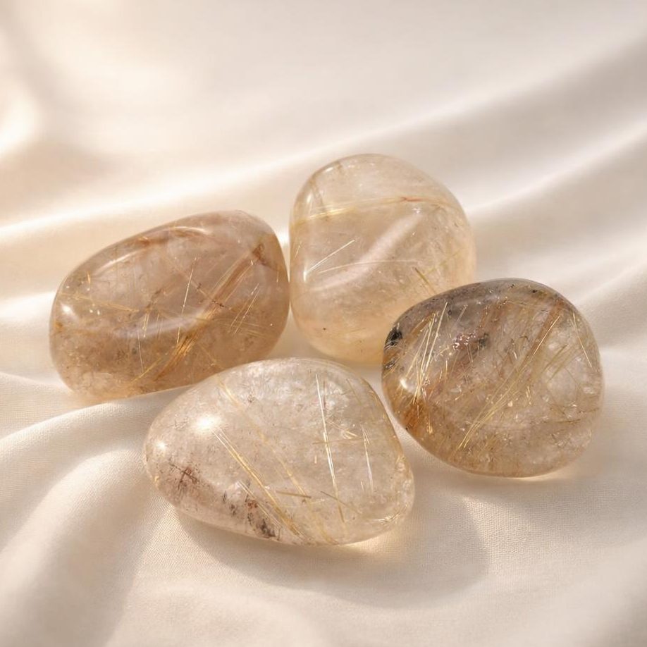 Rutilquarz Trommelsteine auf hellem Stoffhintergrund als passende Begleiter für Portaltage im Jahr 2026.