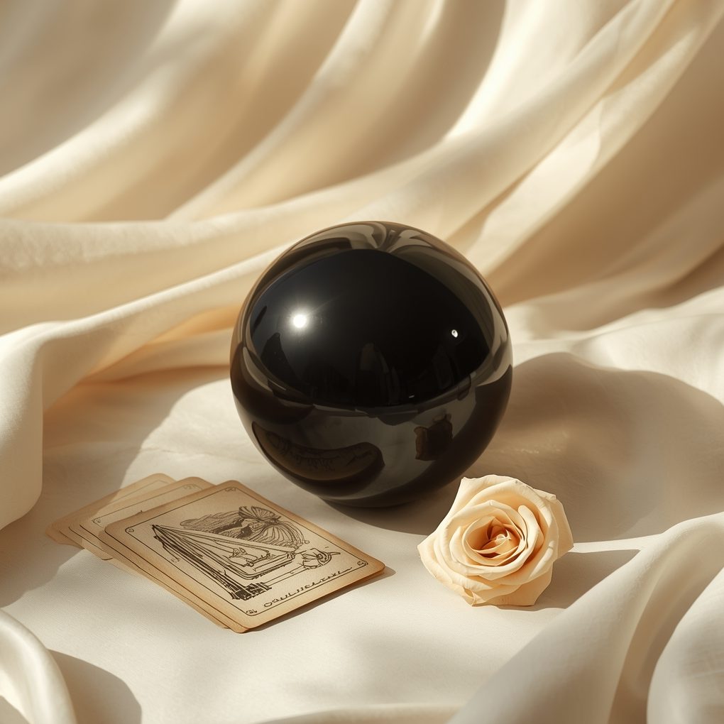 Schwarze Obsidian Kugel mit Ritualkarten und Rosenblüte auf hellem Stoff – Symbolbild für Schutzsteine und Rituale.