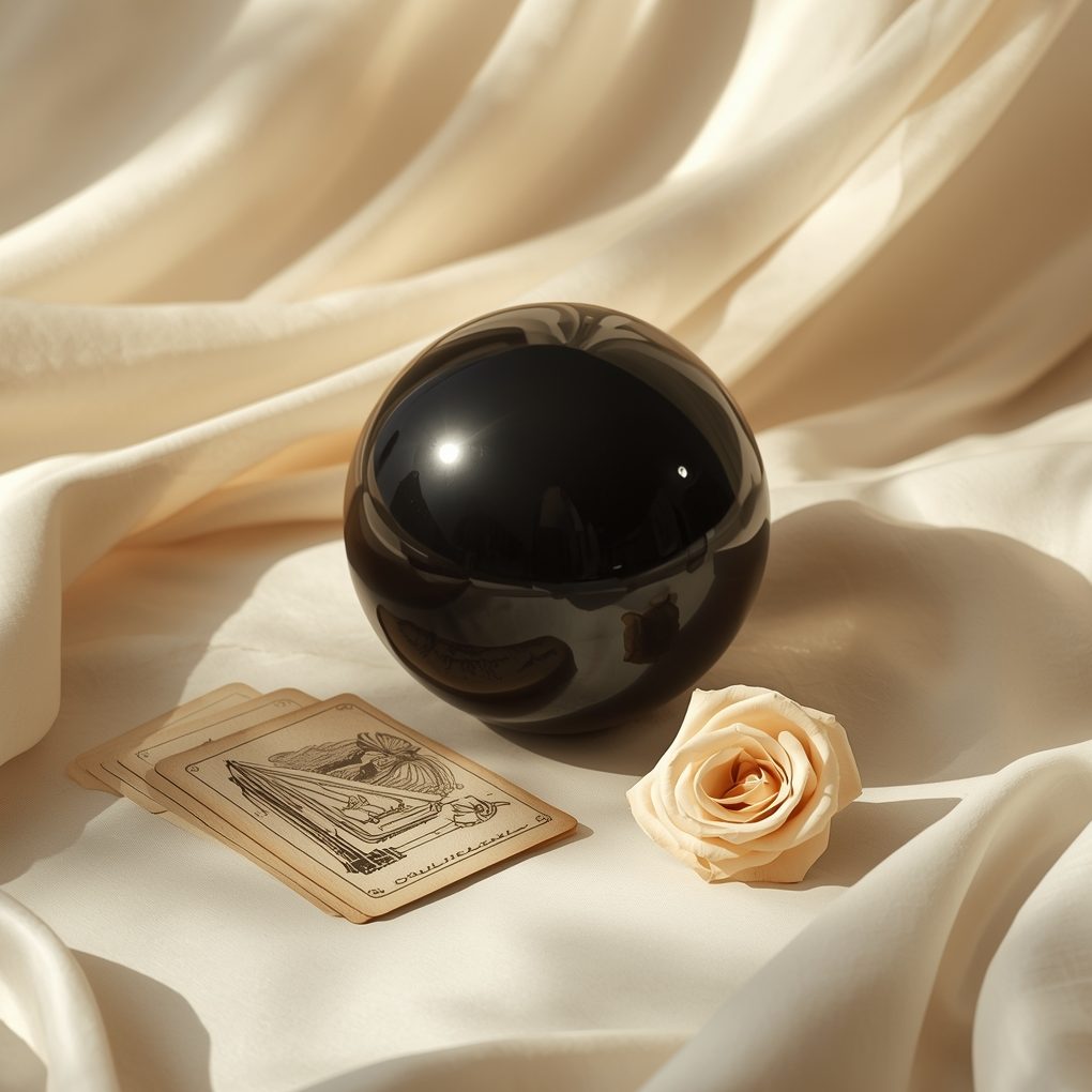 Schwarze Obsidian Kugel auf hellem Stoffhintergrund und cremefarbener Rosenblüte – Symbolbild für Edelsteine und Aszendent Skorpion.