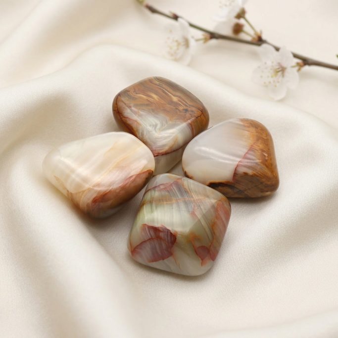 Onyx Marmor Trommelsteine auf hellem Stoffhintergrund mit weißer Kirschblüte.