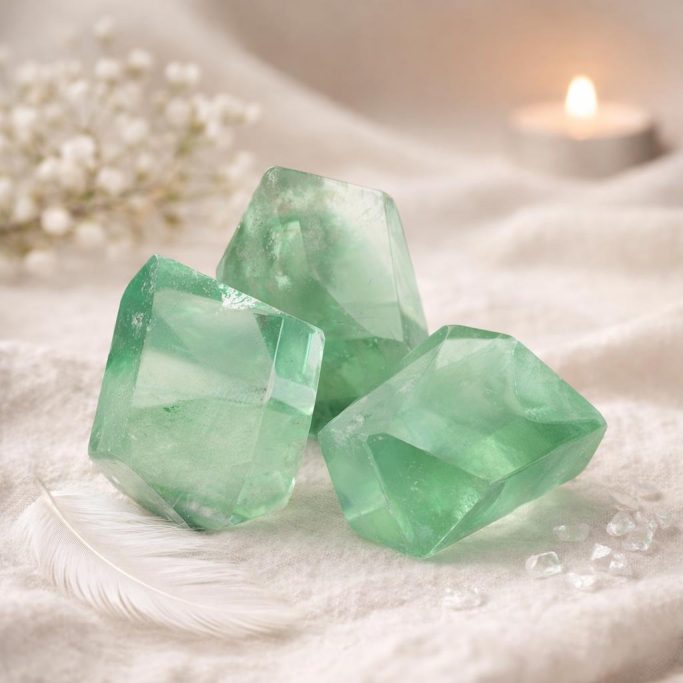 Transparente, grüne Fluorit Steine im Facette auf hellem Stoffhintergrund mit Bergkristall-Chips, Teelicht und weißen Blüten im Hintergrund 