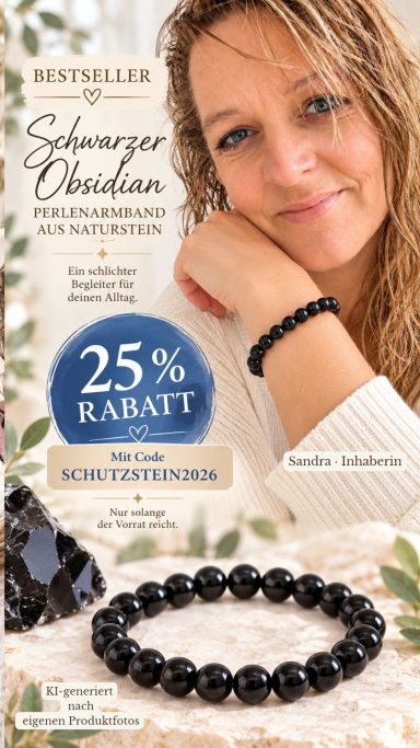 Schwarzer Obsidian als Perlenarmband am Handgelenk von Sandra, Bestseller-Aktion mit 25 % Rabatt.