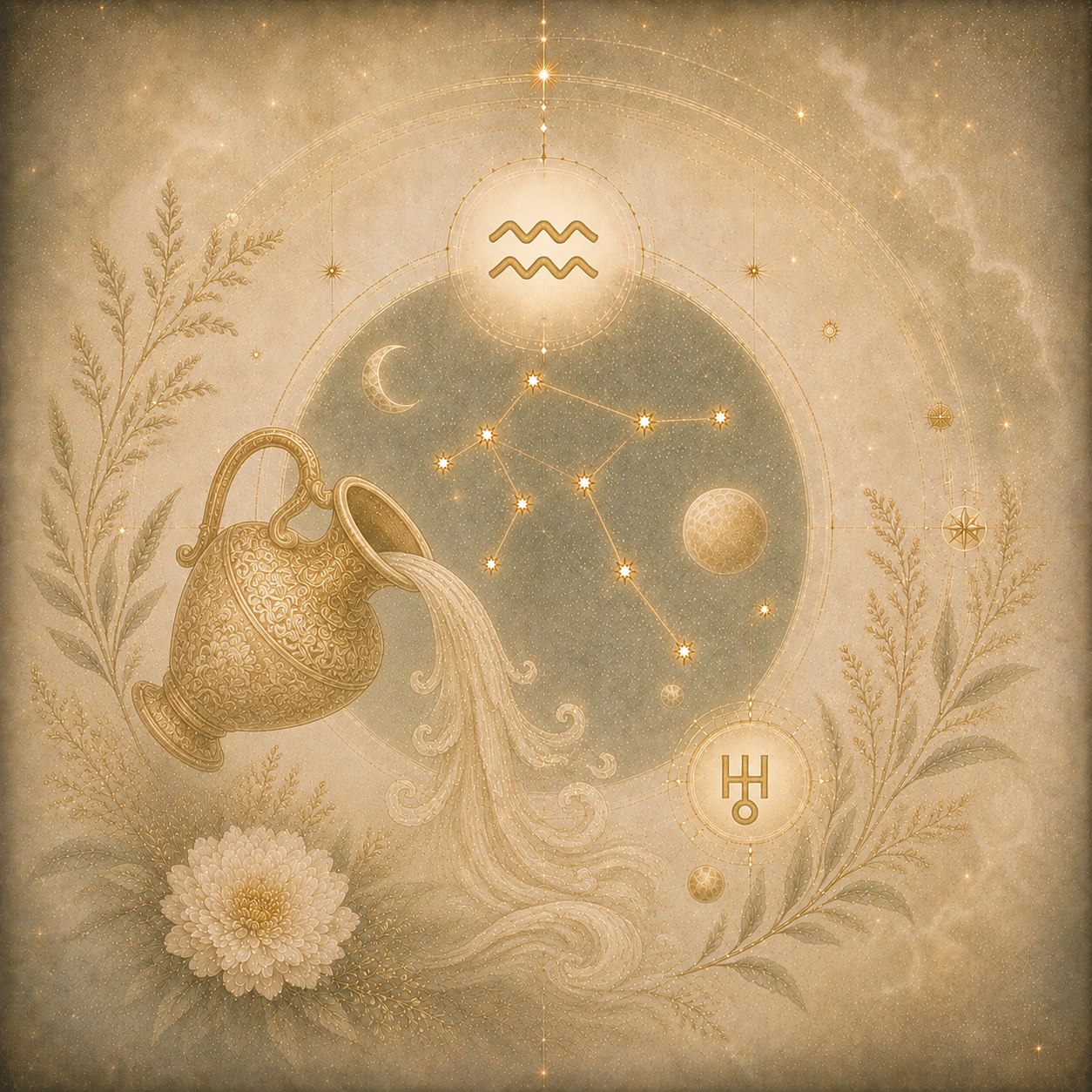 Goldfarbene Wassermanndarstellung mit Sternbild, Mondsymbolen und feinen Pflanzenmotiven auf einem cremefarbenen, kosmischen Hintergrund.