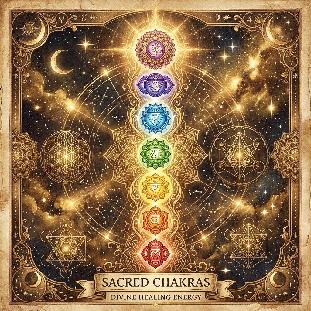 Darstellung der sieben Chakren in einem kosmischen Symbolbild für Chakren, Edelsteine und Energiearbeit.