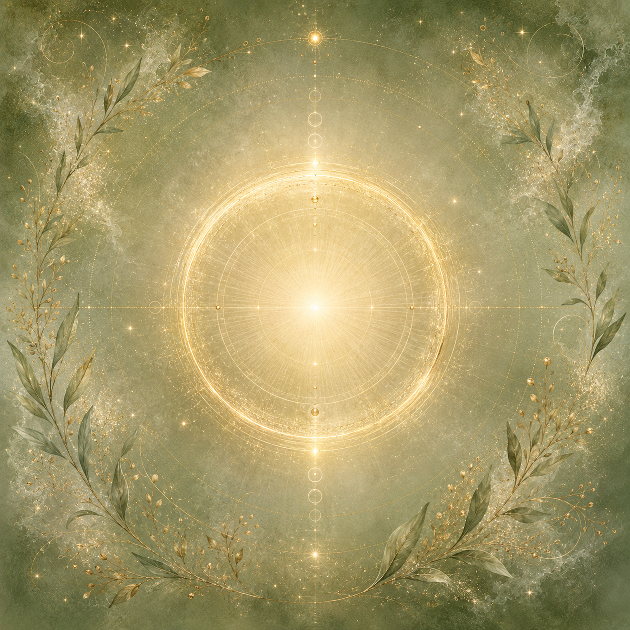 Abstrakter goldener Lichtkreis auf salbeigrünem Hintergrund mit feinen Linien, Sternen und botanischen Zweigen.