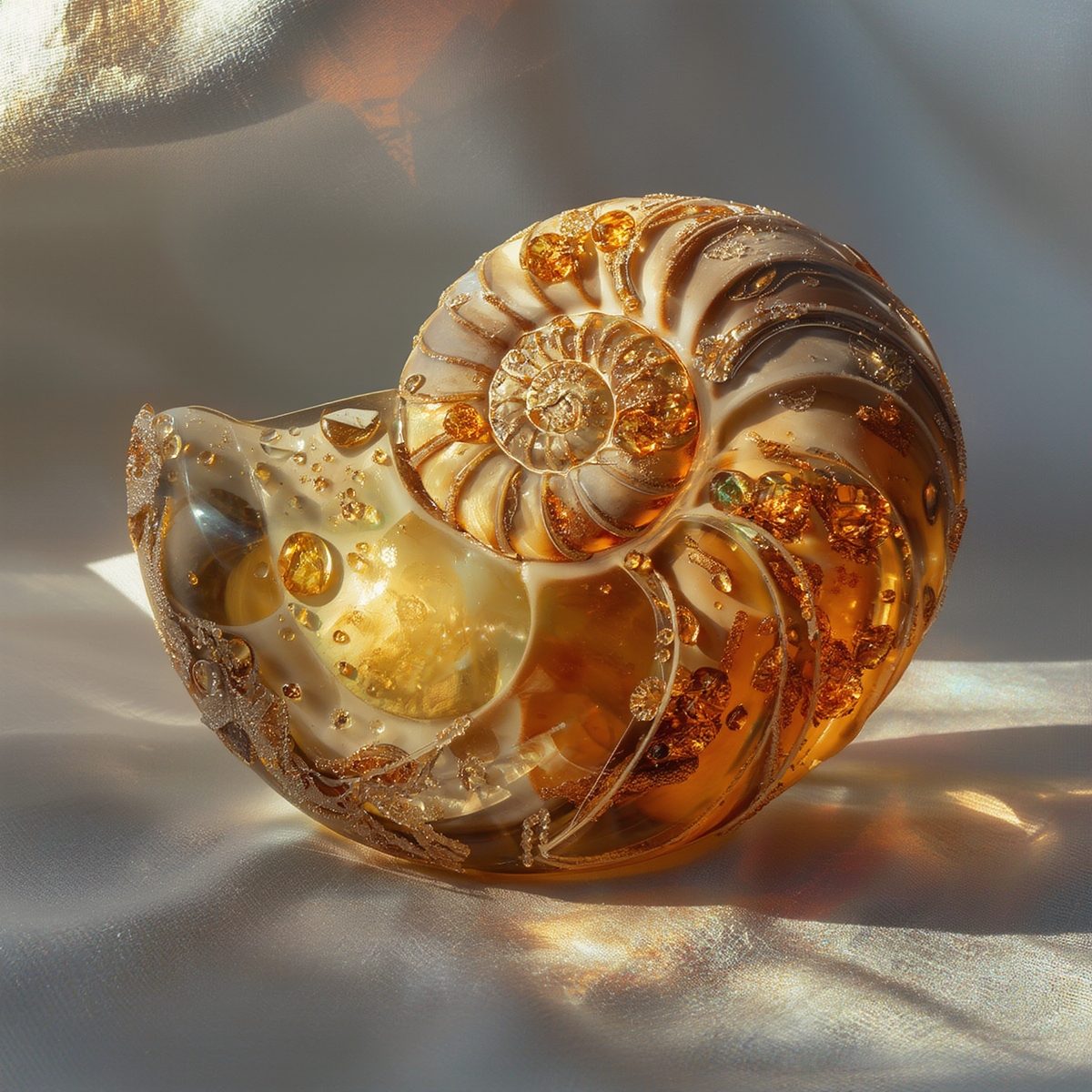 Schimmernder Ammonit auf hellem Stoffhintergrund – Symbolbild für Edelsteine und Aszendent Krebs.