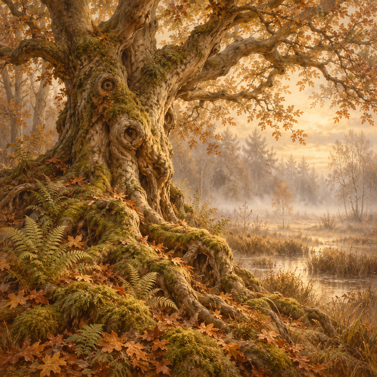 Märchenillustration zu „Susi und das Geheimnis der alten Buche“: uralte, knorrige Buche im herbstlichen Kranichmoor.