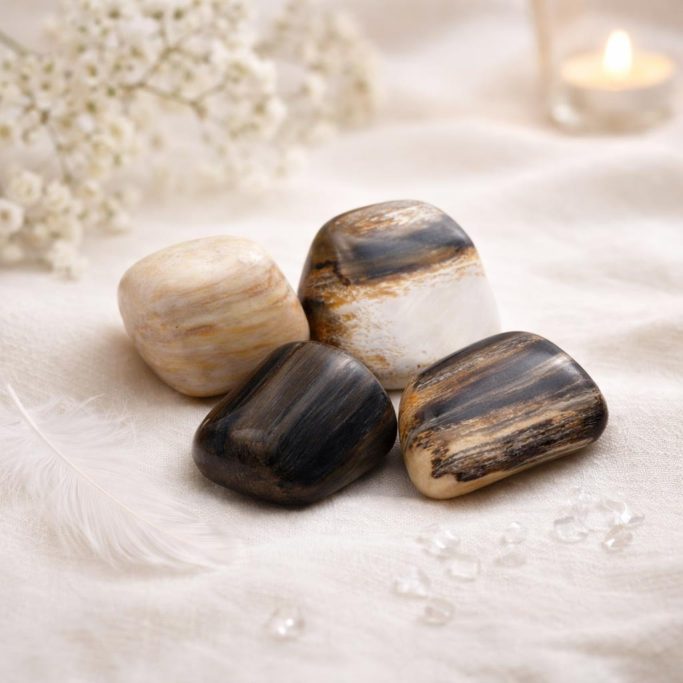 Opalholz Trommelsteine mit Holzmaserung auf hellem Stoffhintergrund mit Bergkristall-Chips, Teelicht und weißen Blüten im Hintergrund.