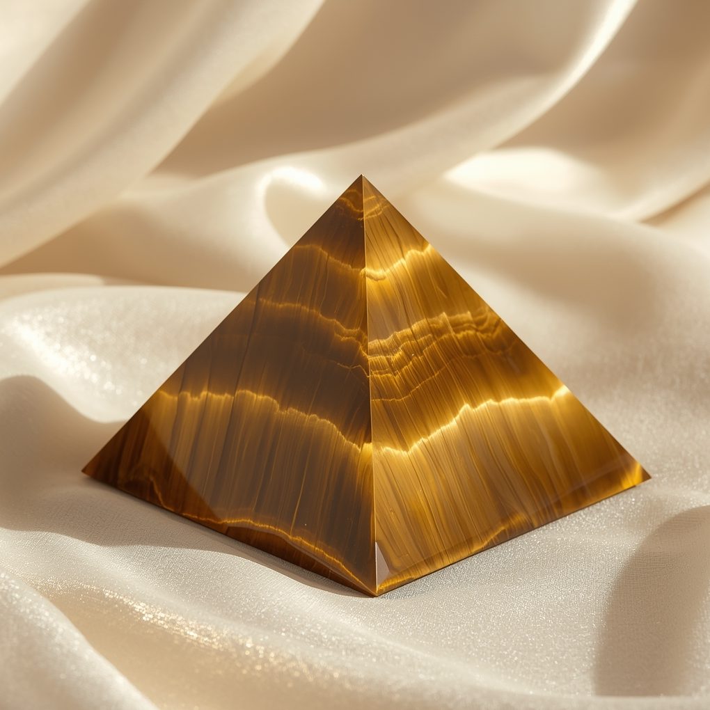Tigerauge Pyramide auf hellem Stoffhintergrund – Symbolbild für das Solarplexuschakra und passende Edelsteine.