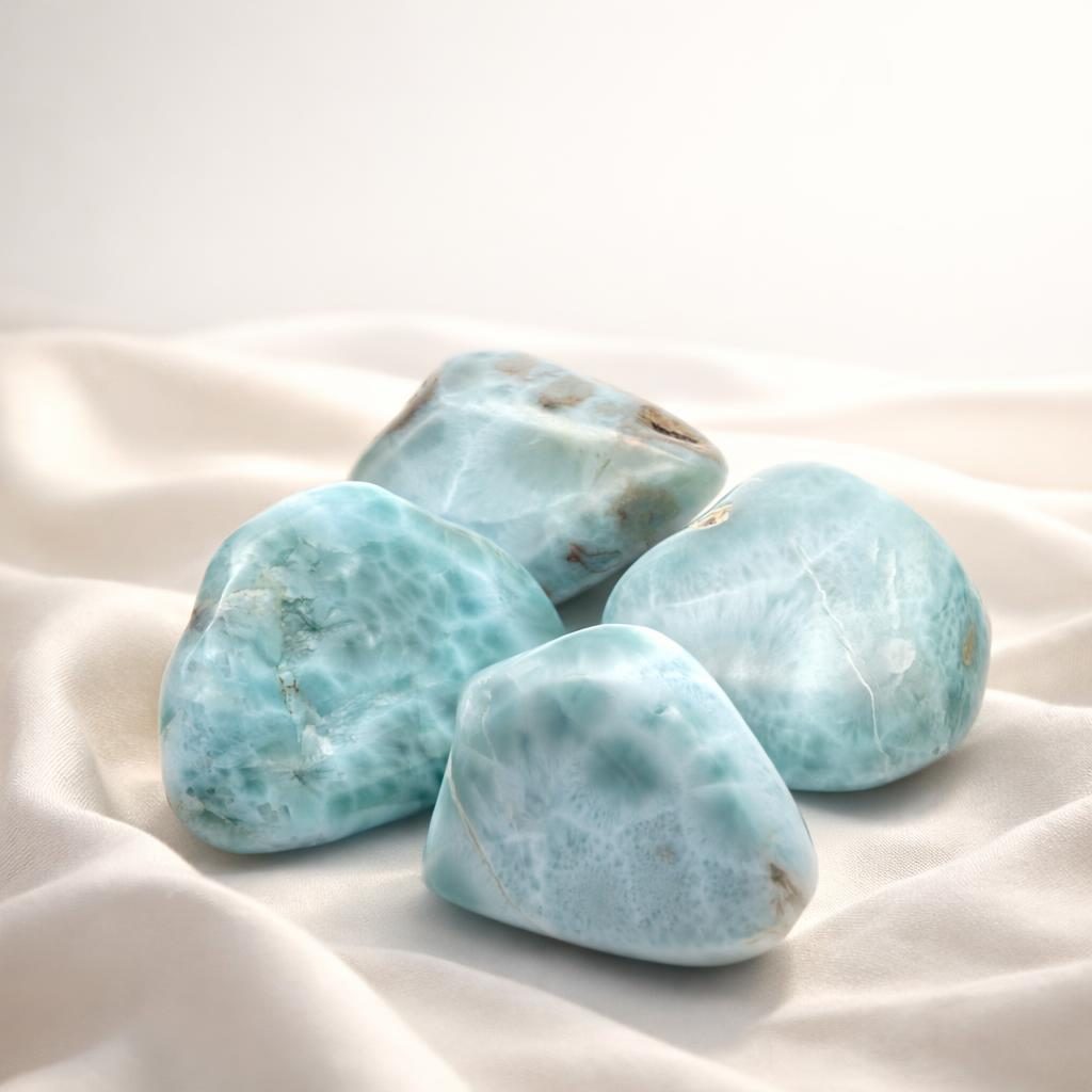 Larimar Trommelsteine auf hellem Stoffhintergrund als Symbolbild für das Sternzeichen Schütze und seine Edelsteine.