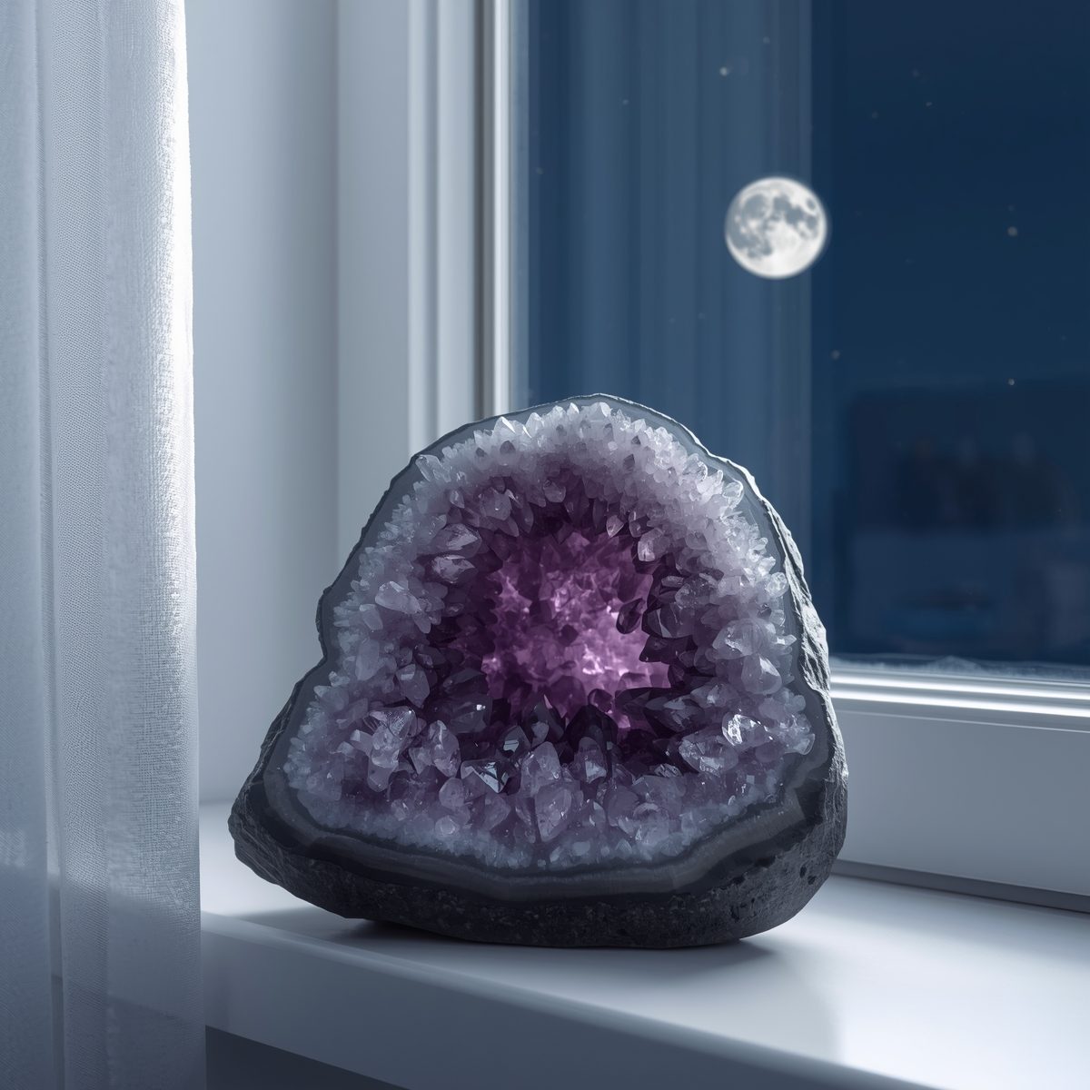 Amethyst-Geode auf weißer Fensterbank im Hintergund der Vollmond – Symbolbild für Edelsteine im Mondlicht aufladen.