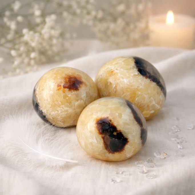 Septarie Trommelsteine in Lollypopform auf hellem Stoffhintergrund mit Kerze und weißer Blüte als Symbol für die Schutzsteine Übersicht.