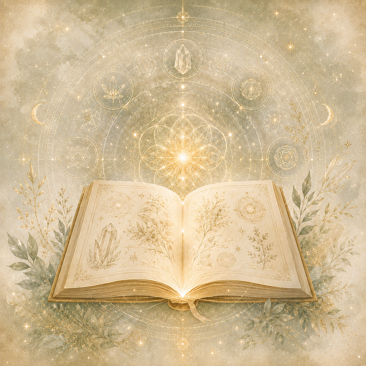 Geöffnetes Buch mit Zeichnungen von Kristallen, Pflanzen und geometrischen Symbolen, umgeben von goldenen Linien und zarten Blättern.