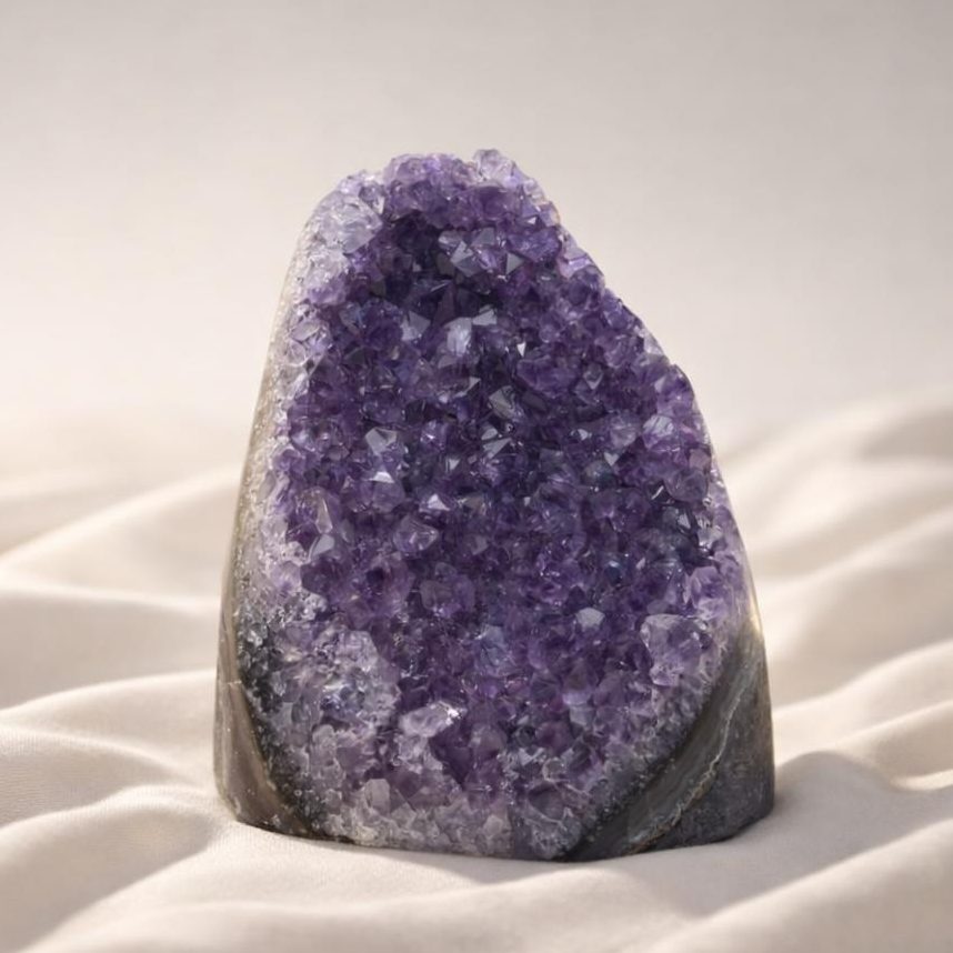 Amethyst Geode auf hellem Stoffhintergrund – Symbolbild für das Sternzeichen Fische.