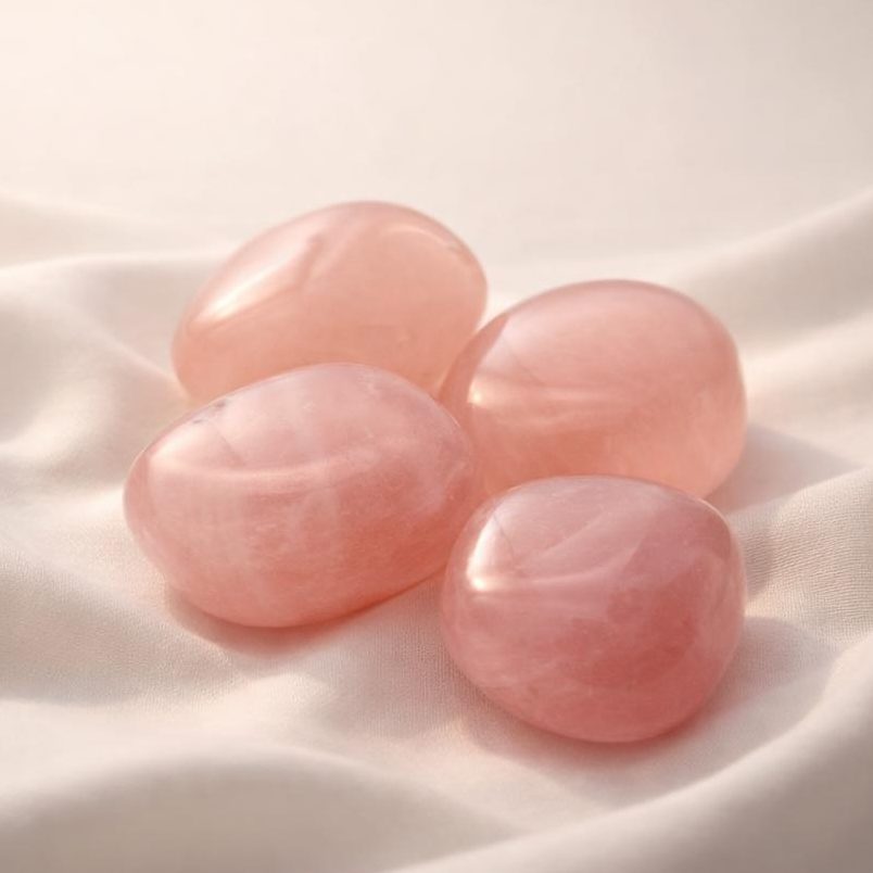 Rosenquarz Trommelsteine auf hellem Stoffhintergrund als Edelstein-Klassiker.