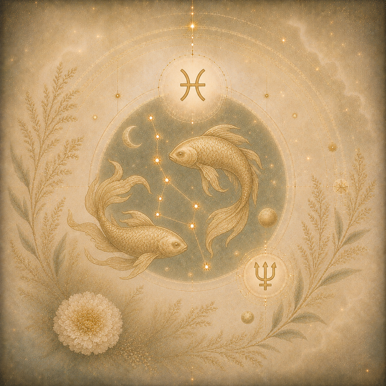 Goldfarbene Fischedarstellung mit Sternbild, Mondsymbolen und feinen Pflanzenmotiven auf einem cremefarbenen, kosmischen Hintergrund.
