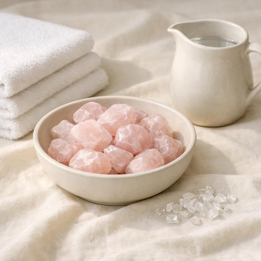 Rosenquarz Rohsteine in einer Schale mit Krug und Handtücher – Symbolbild für Steine reinigen, entladen und aufladen.