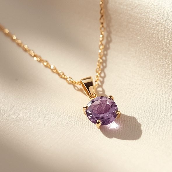 Amethyst Anhänger mit goldener Fassung und Kette auf hellem Stoffhintergrund – Symbolbild für Edelsteine und Aszendent Jungfrau.