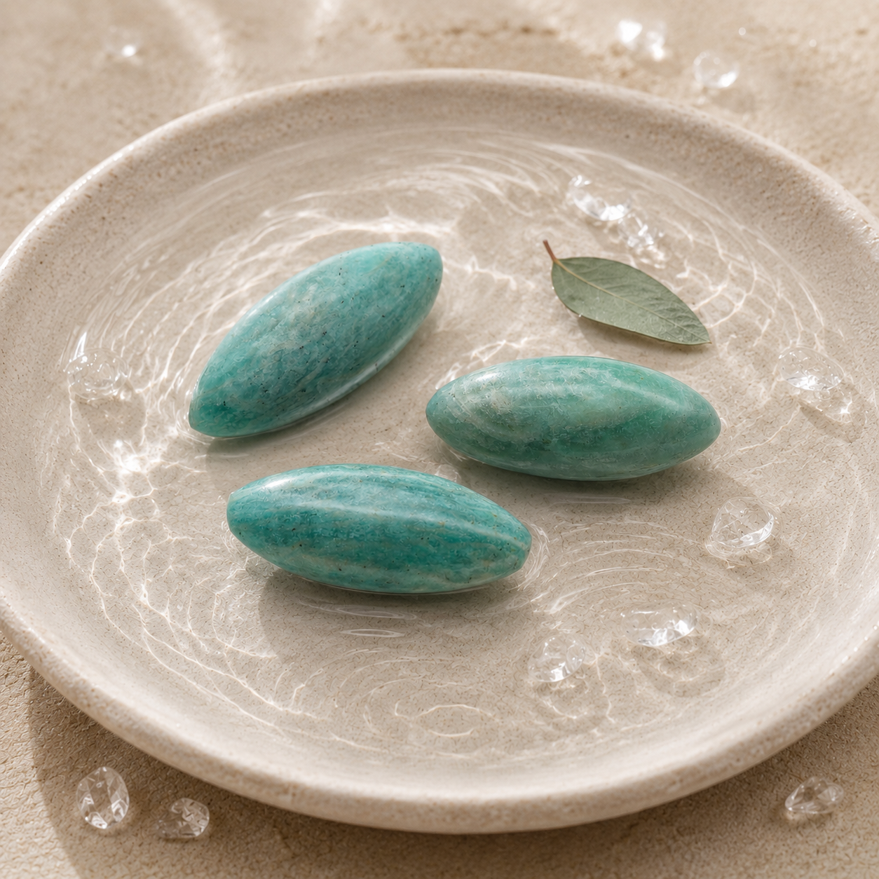 Drei Amazonit Oliven in einer Wasserschale mit Blatt und Bergkristall-Chips.