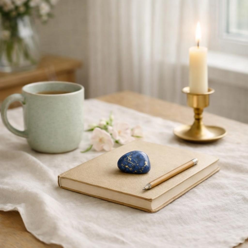 Lapislazuli Trommelstein auf einem Notizbuch mit Kerze und Teetasse als Symbolbild für passende Edelsteine zu den Portaltagen im Juni 2026.