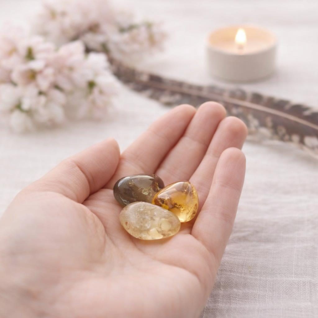 Natur Citrin Trommelsteine in der offenen Hand – Symbolbild für chinesische Sternzeichen und passende Edelsteine und Glückssteine.