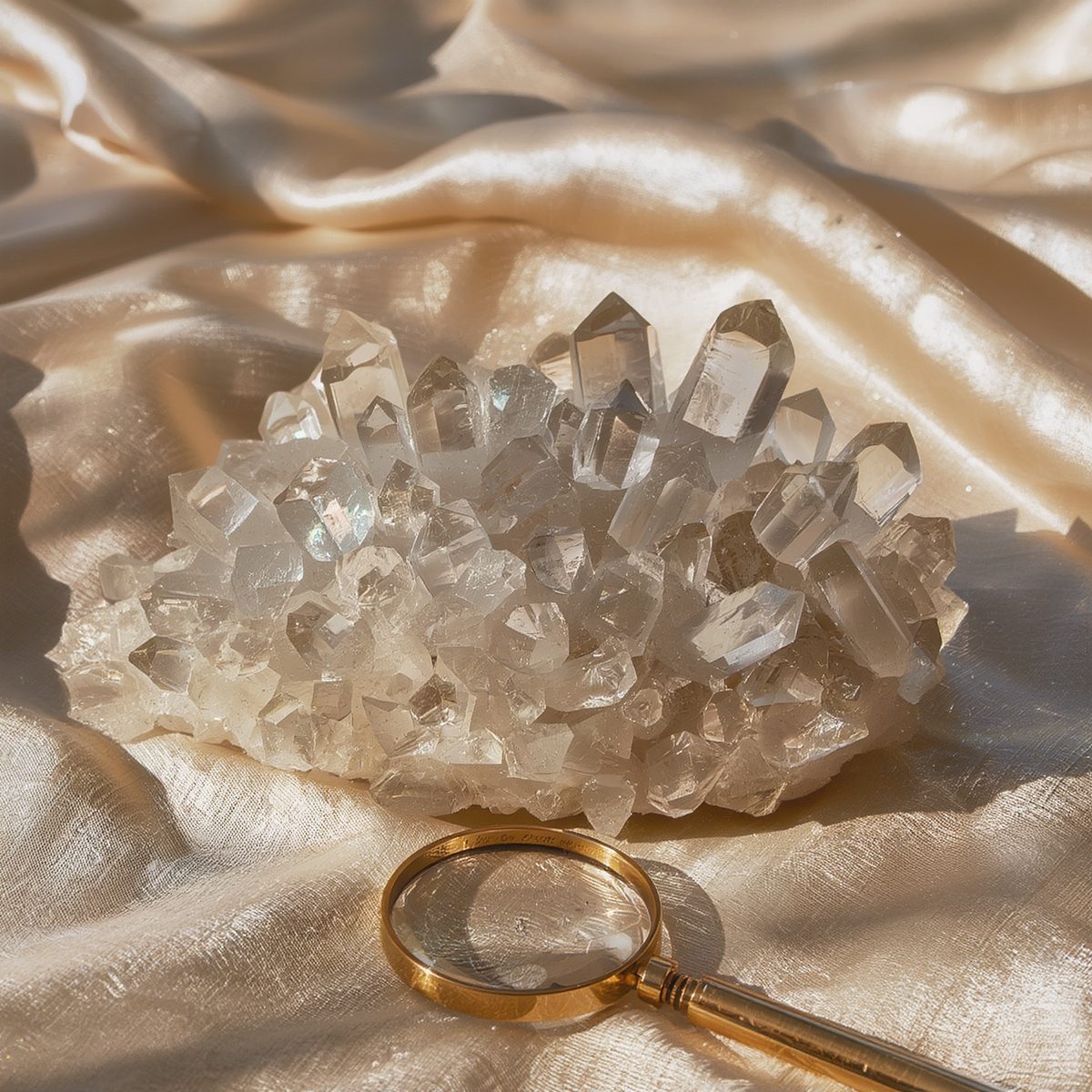 Klare Begkristall Stufe mit goldener Lupe auf hellem Stoffhintergrund – Symbolbild zur Produktsicherheit bei Edelsteinen.