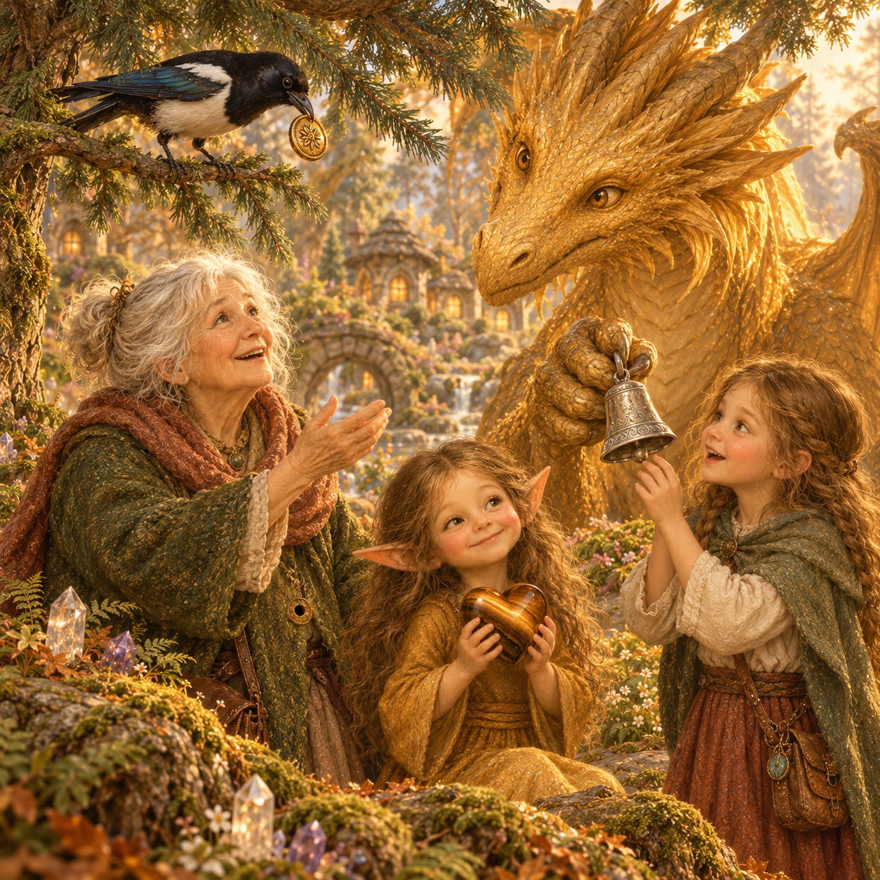 Susi, Jette und Oma Rieke mit Drache Brann im Märchengarten, während eine Elster die silberne Glocke trägt.