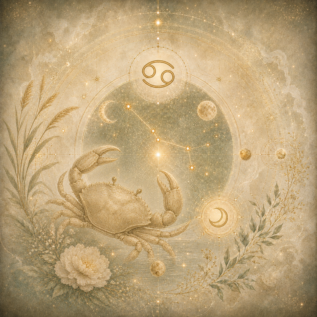 Goldfarbene Krebsdarstellung mit Sternbild, Mondsymbolen und feinen Pflanzenmotiven auf einem cremefarbenen, kosmischen Hintergrund.