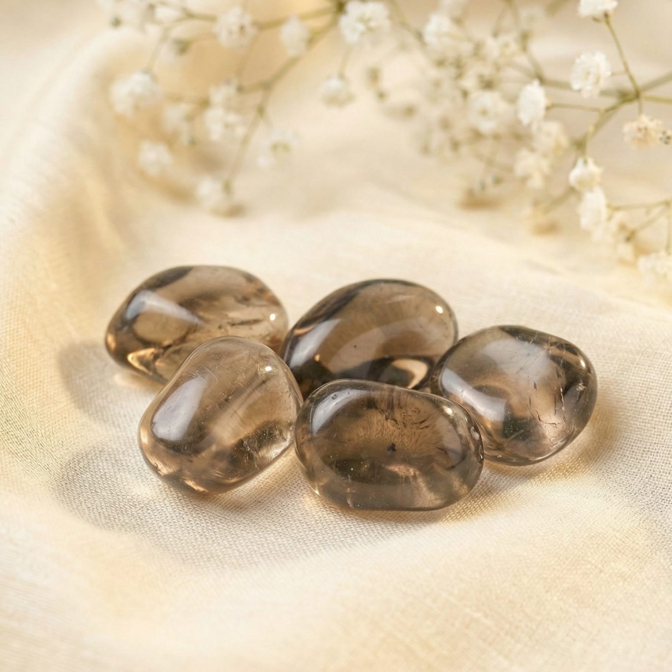 Rauchquarz Trommelsteine auf hellem Stoffhintergrund mit weißen Blüten als symbolische Begleiter für das Wurzelchakra.